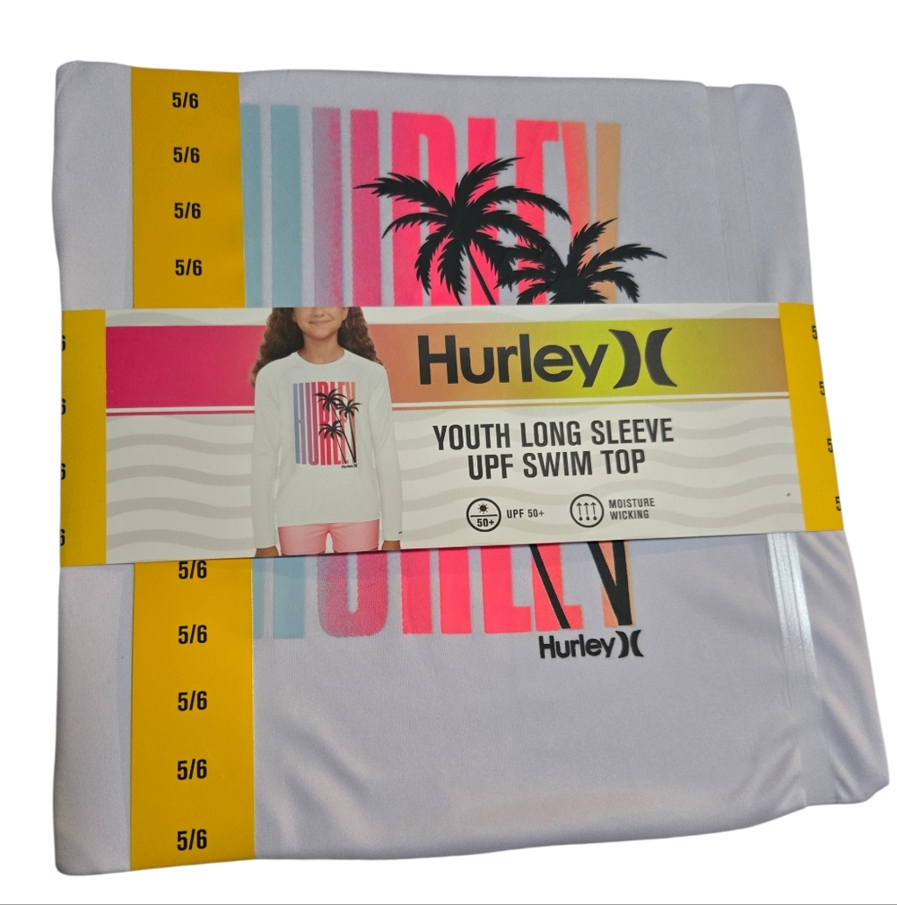 Hurley White Long Sleeve with Palm Tree Design UPF 50+ Size 5/6 - Picture 2 of 7